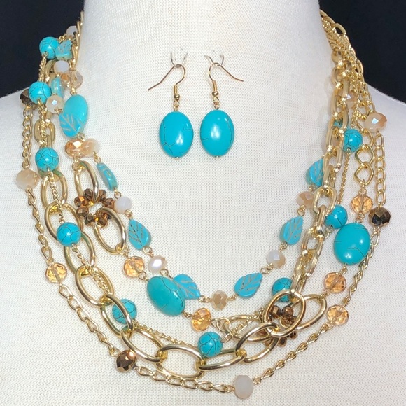 Layered Turquoise Stone Brown Gold Necklace Set - Picture 1 of 4